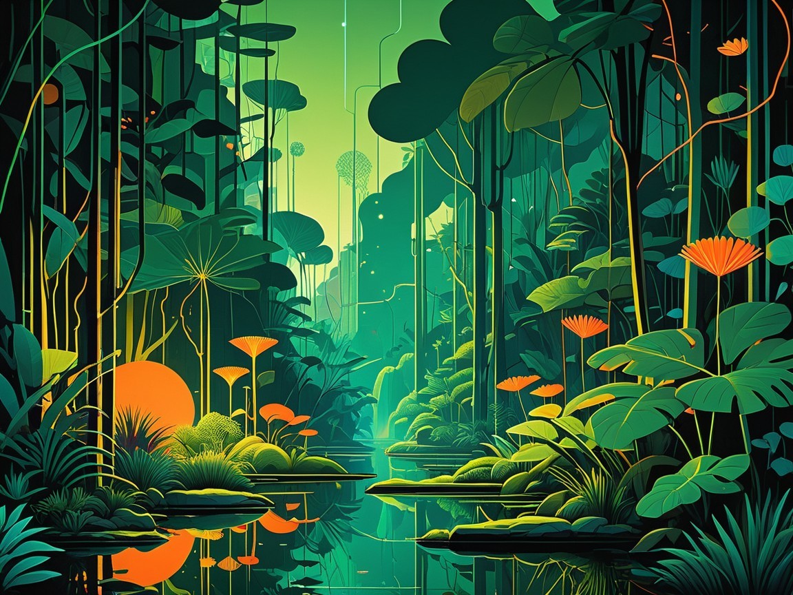 Vibrant Jungle Scene with Green Foliage and Flowers