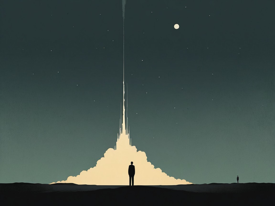 Silhouetted Figures in Starry Sky with Rocket Launch