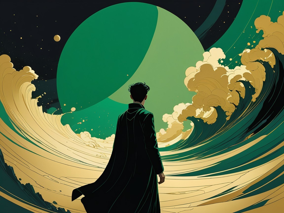 Lone Figure at Cosmic Ocean with Green Planet