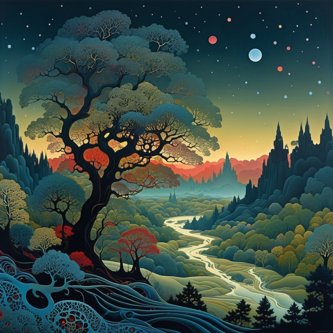 Surreal Landscape with Towering Tree and Sunset Sky