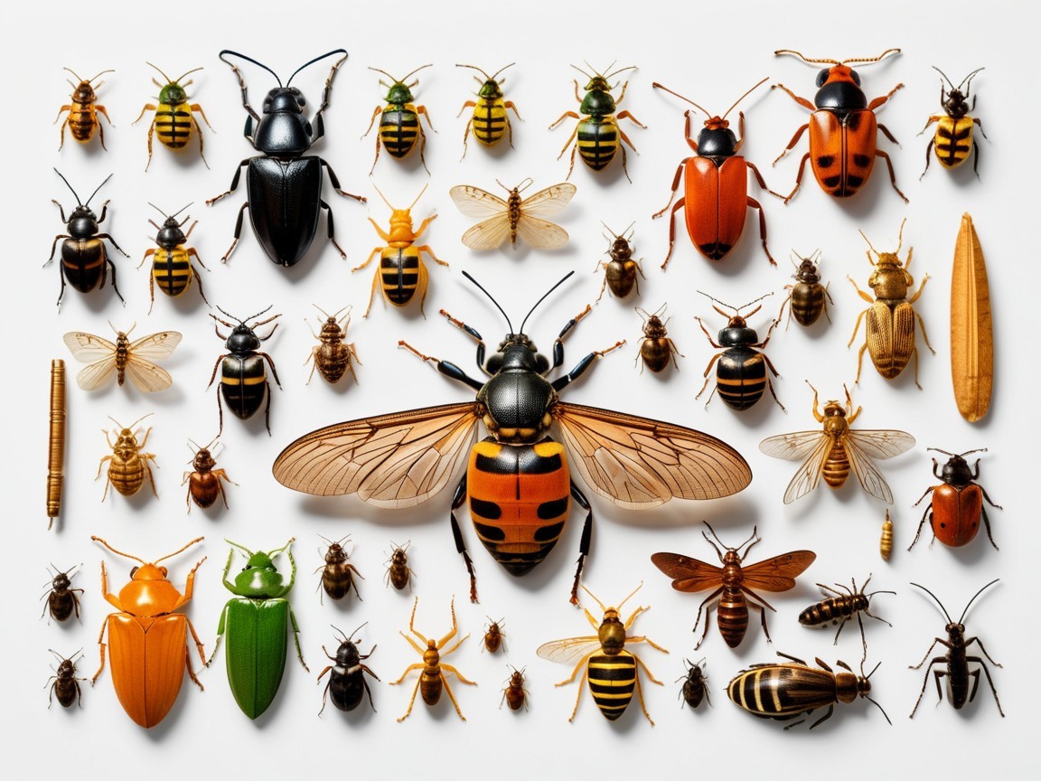 Diverse Collection of Insects on White Background