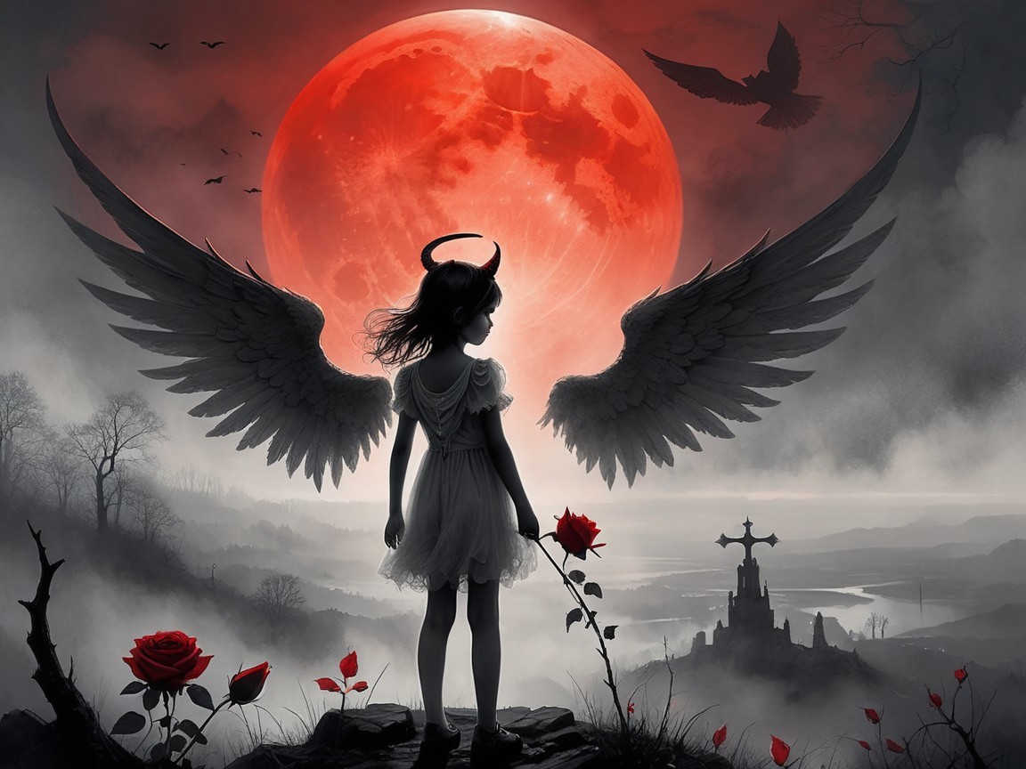 Mysterious Figure with Wings Under Red Moonlight
