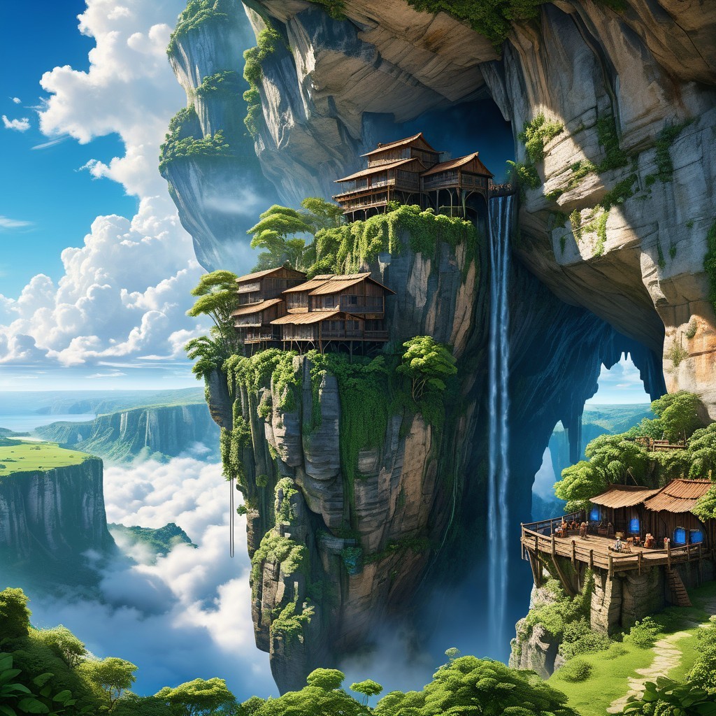 Wooden Houses on Cliff with Waterfall and Greenery