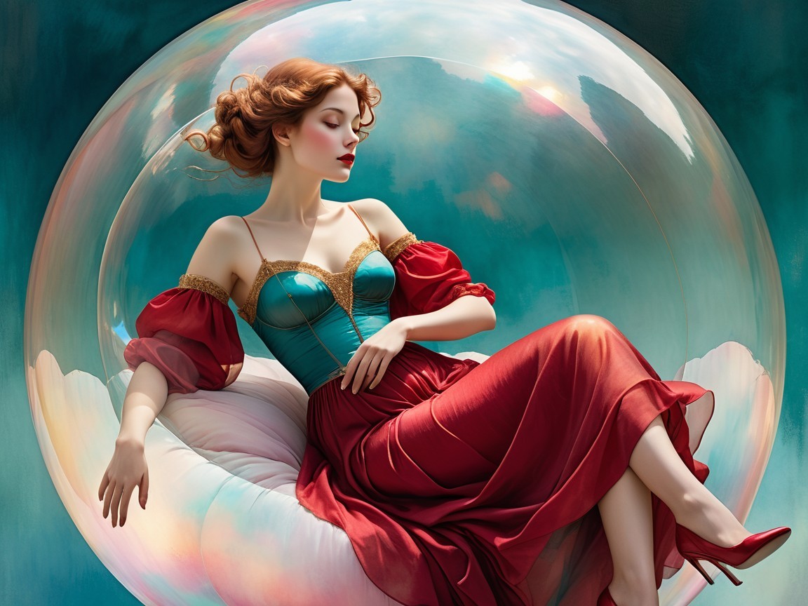 Elegant Woman in Translucent Bubble with Dreamy Colors