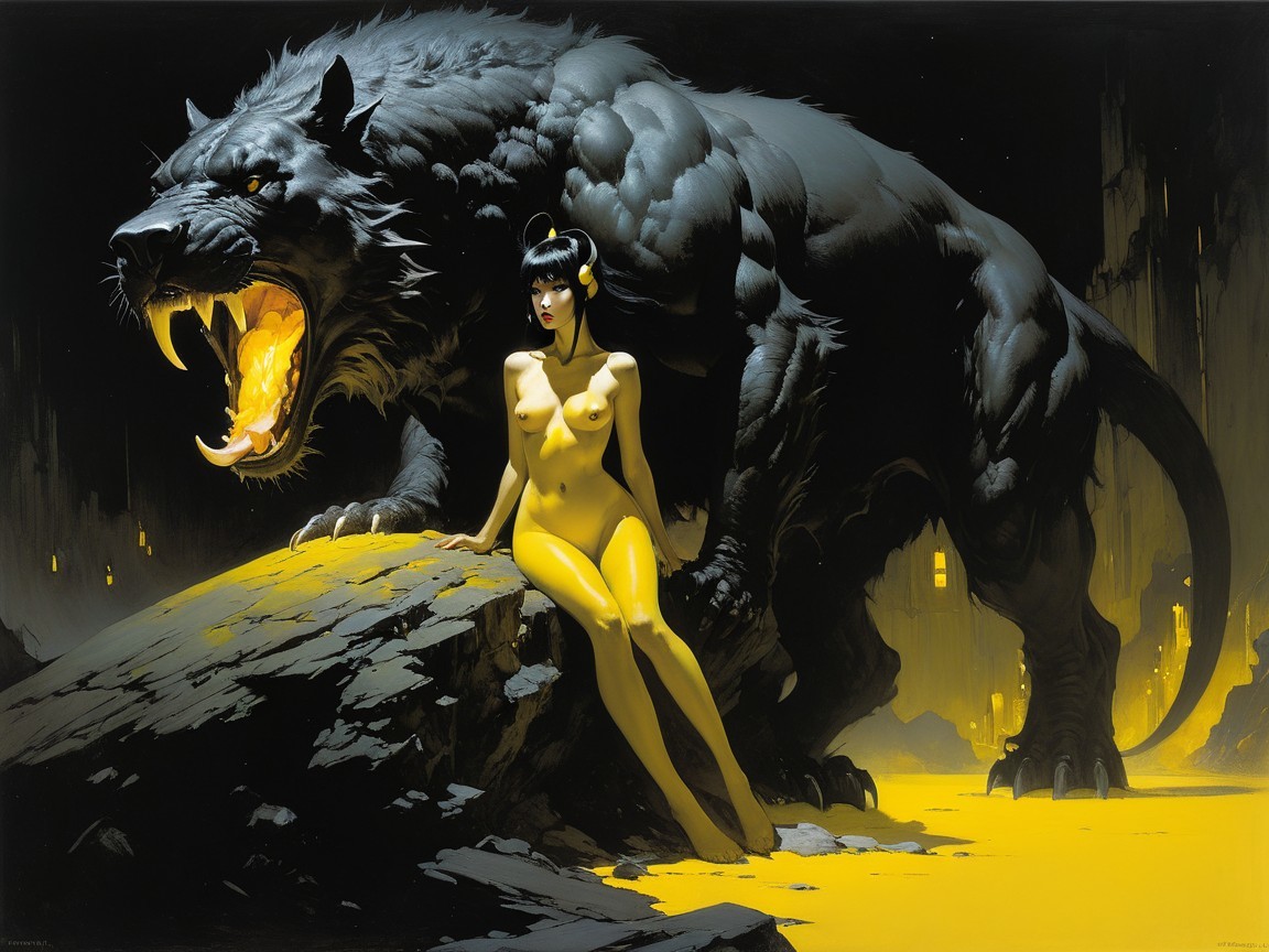 Muscular Creature and Woman in Mystical Scene