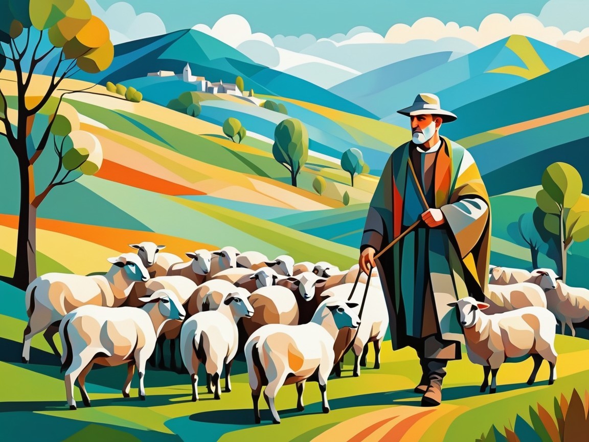 Countryside Scene of Shepherd with Flock of Sheep