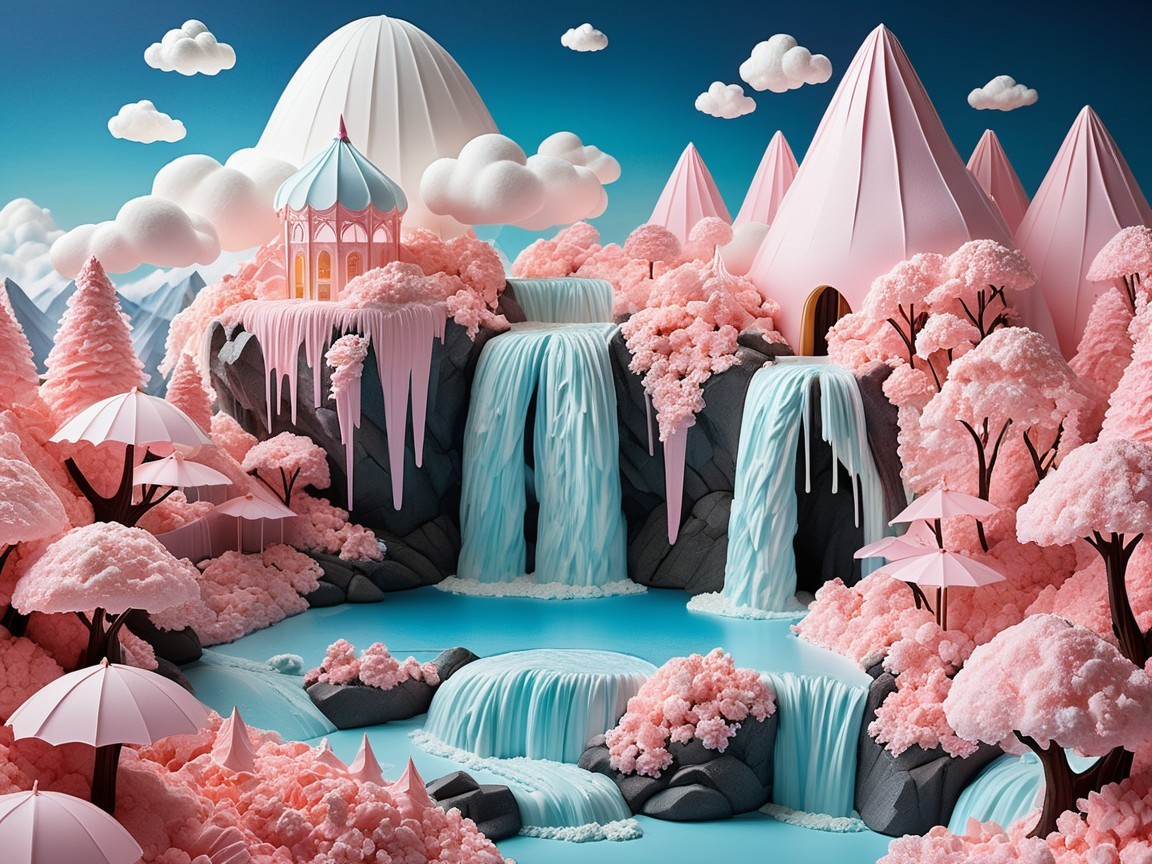 Whimsical Paper Landscape with Pastel Mountains and Waterfalls