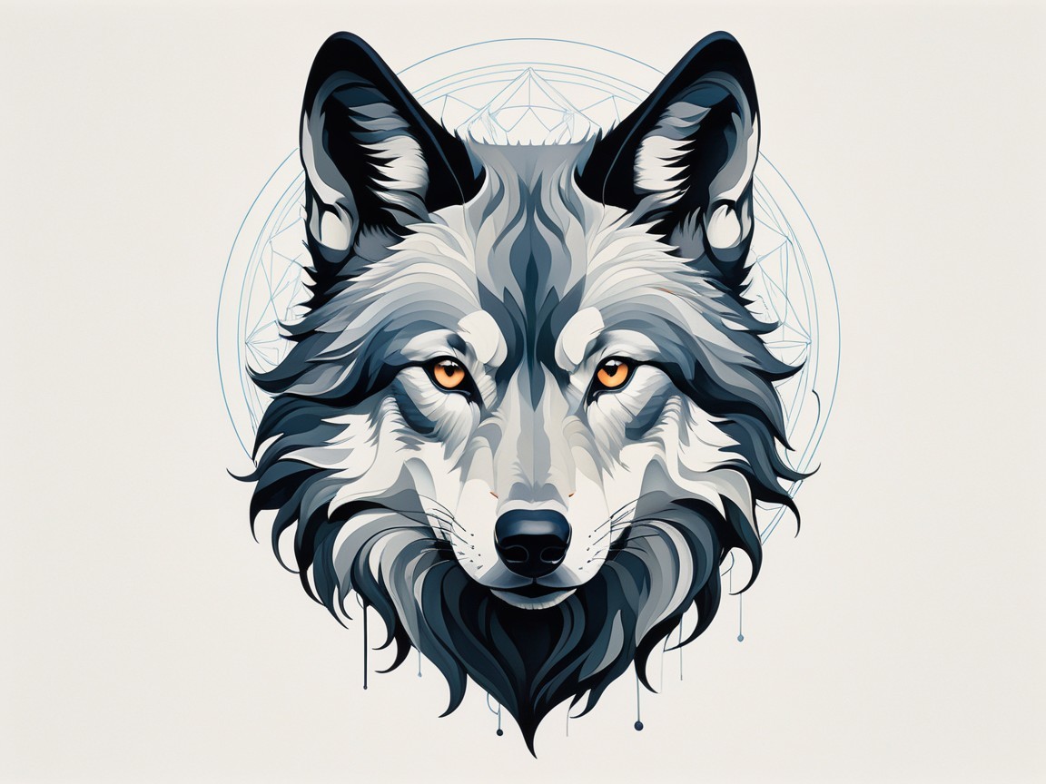 Stylized wolf head with detailed fur and geometric design