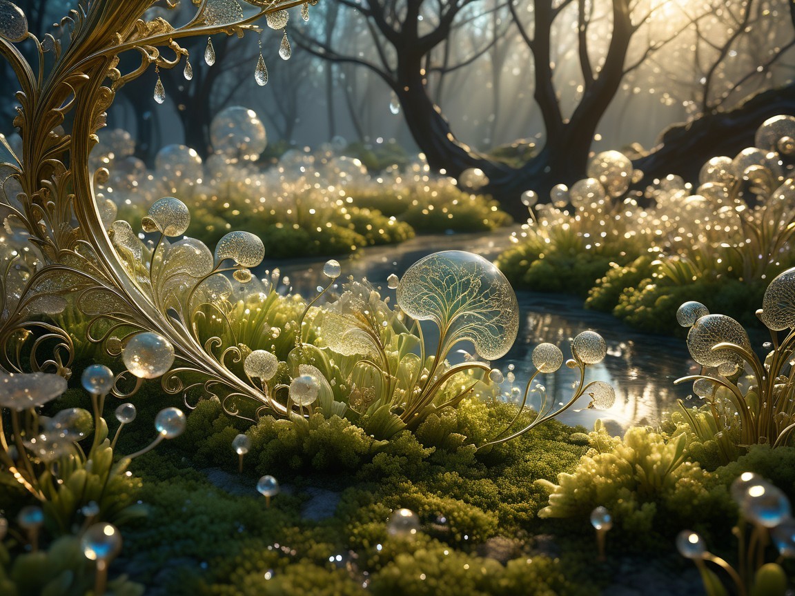 Magical Forest with Golden Plants and Sparkling Stream