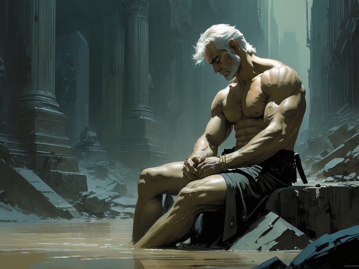 Muscular Man in Contemplation Amidst Decaying Landscape