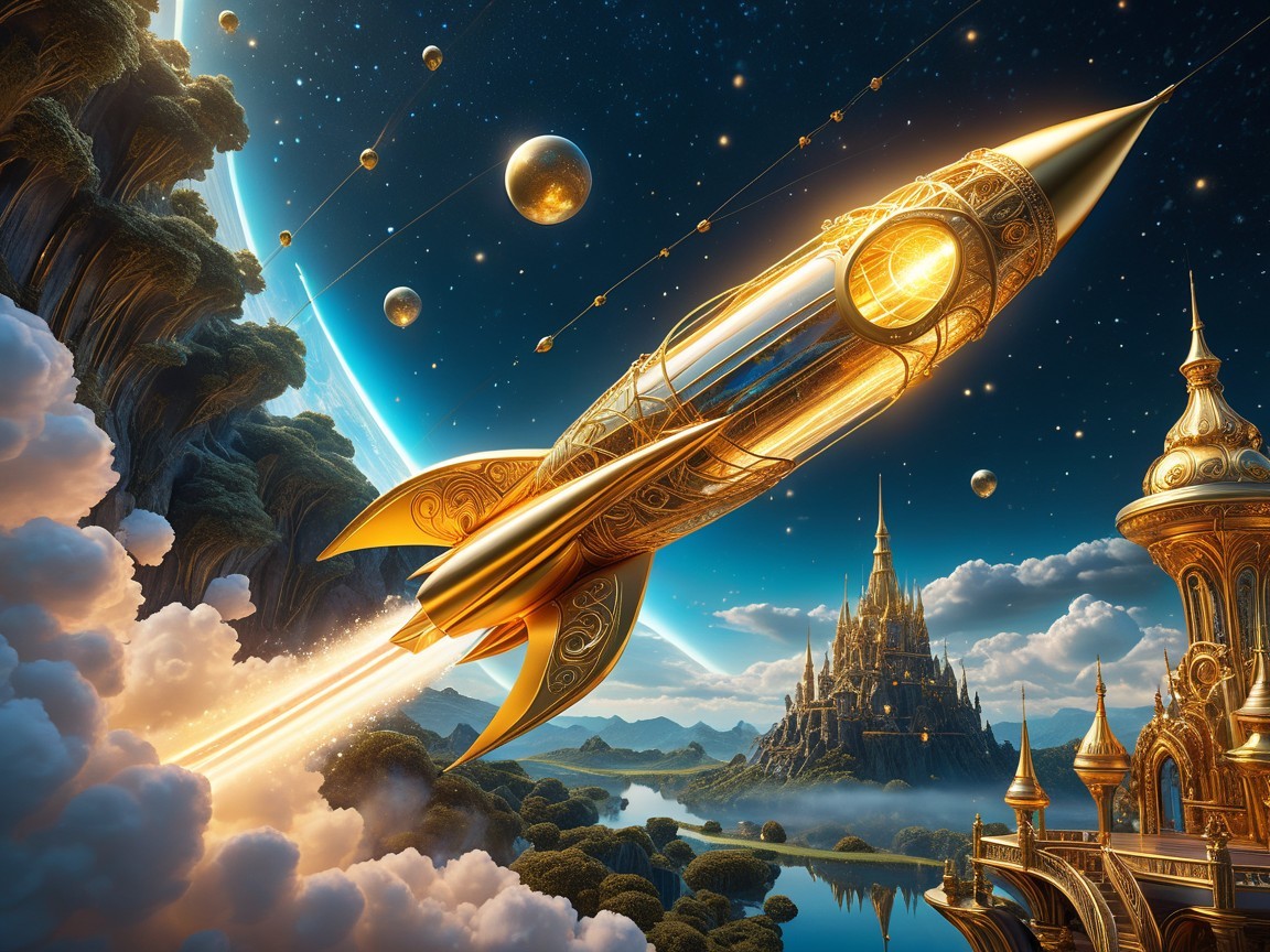 Golden Rocket Launching from Ornate Golden World