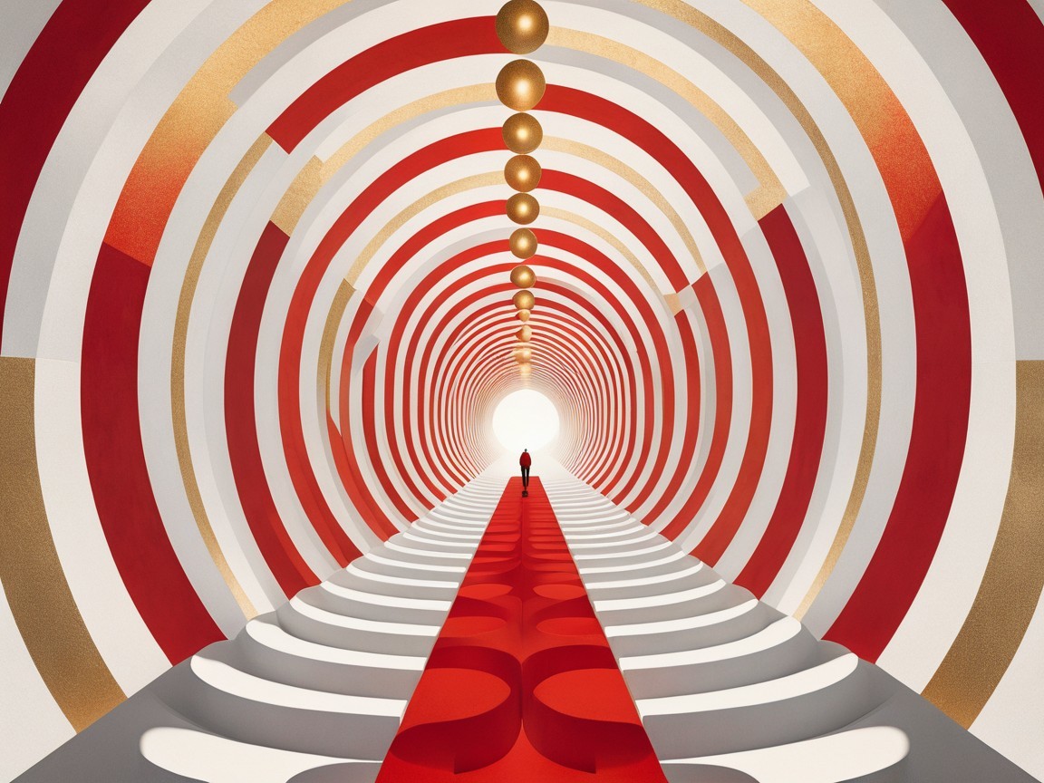 Surreal Tunnel with Red and White Curves and Light