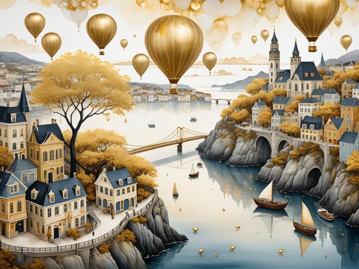 Whimsical Landscape with Houses and Hot Air Balloons