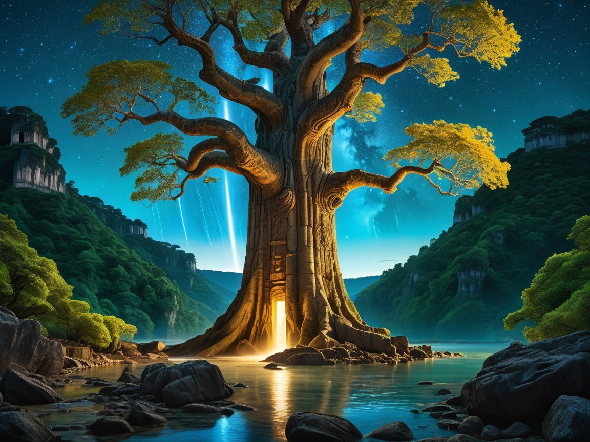 Ancient Tree by Serene Lake Under Starry Sky