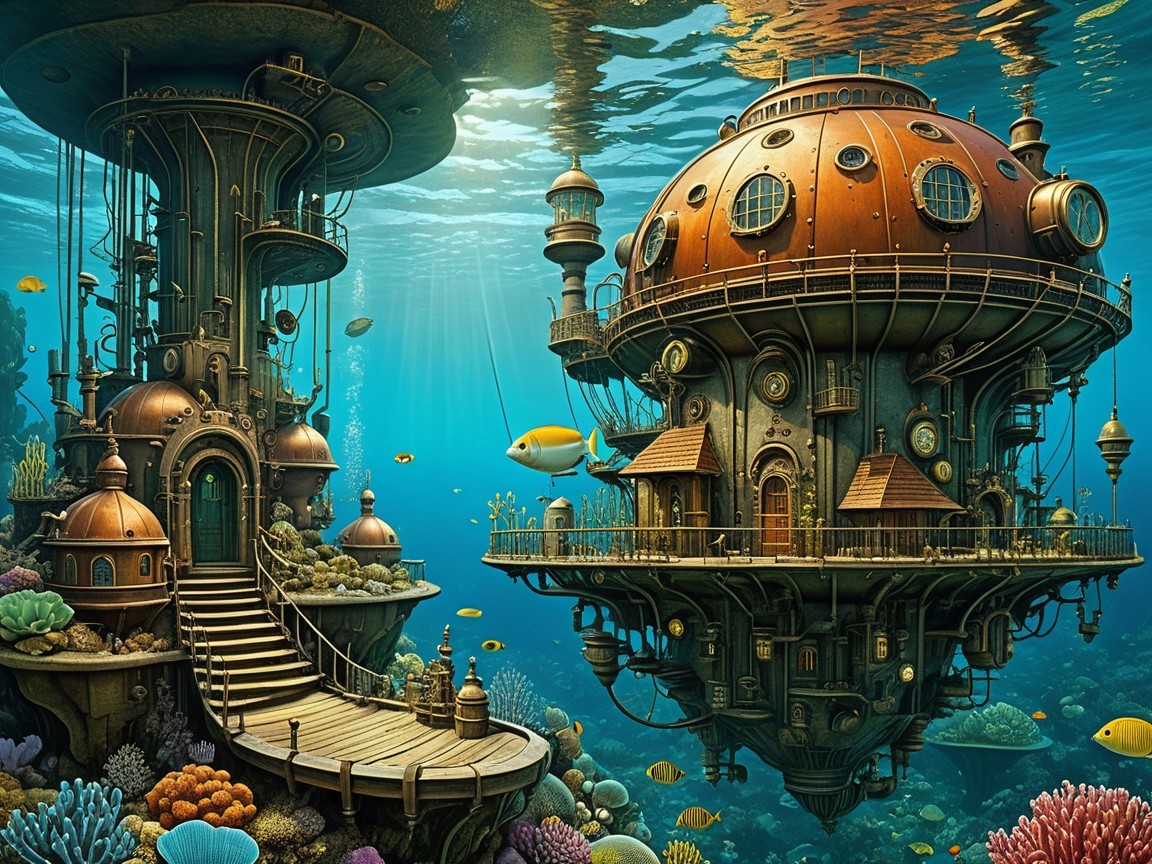 Steampunk Underwater City with Coral Reefs and Fish