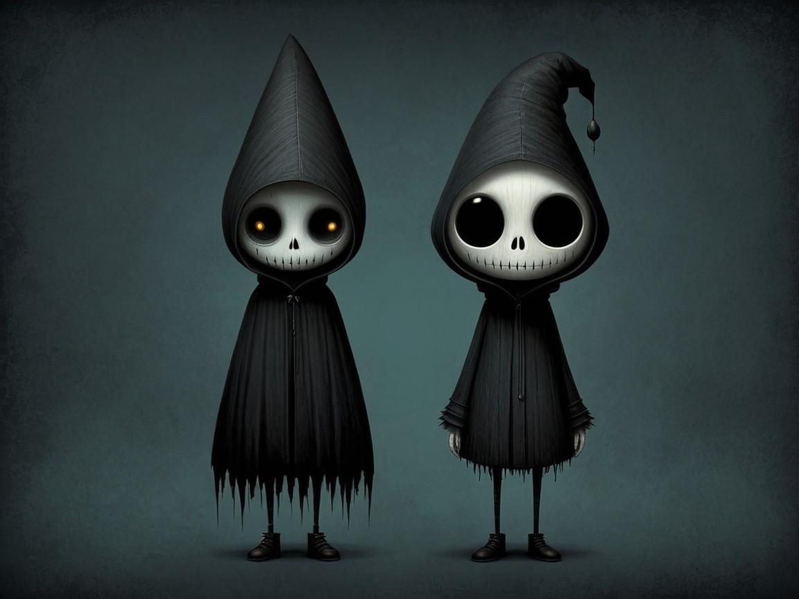 Whimsical Skeleton Figures in Cloaks and Hats