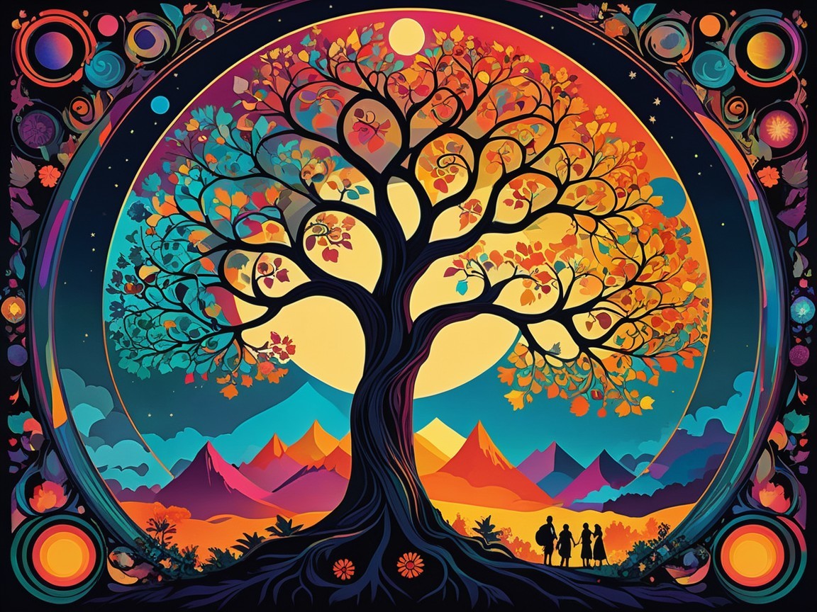 Vibrant Tree Surrounded by Mountains and Sunset Sky