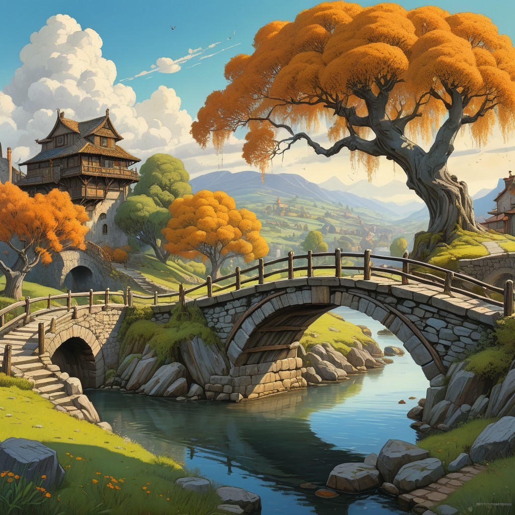 Charming Stone Bridge Over Serene River Landscape