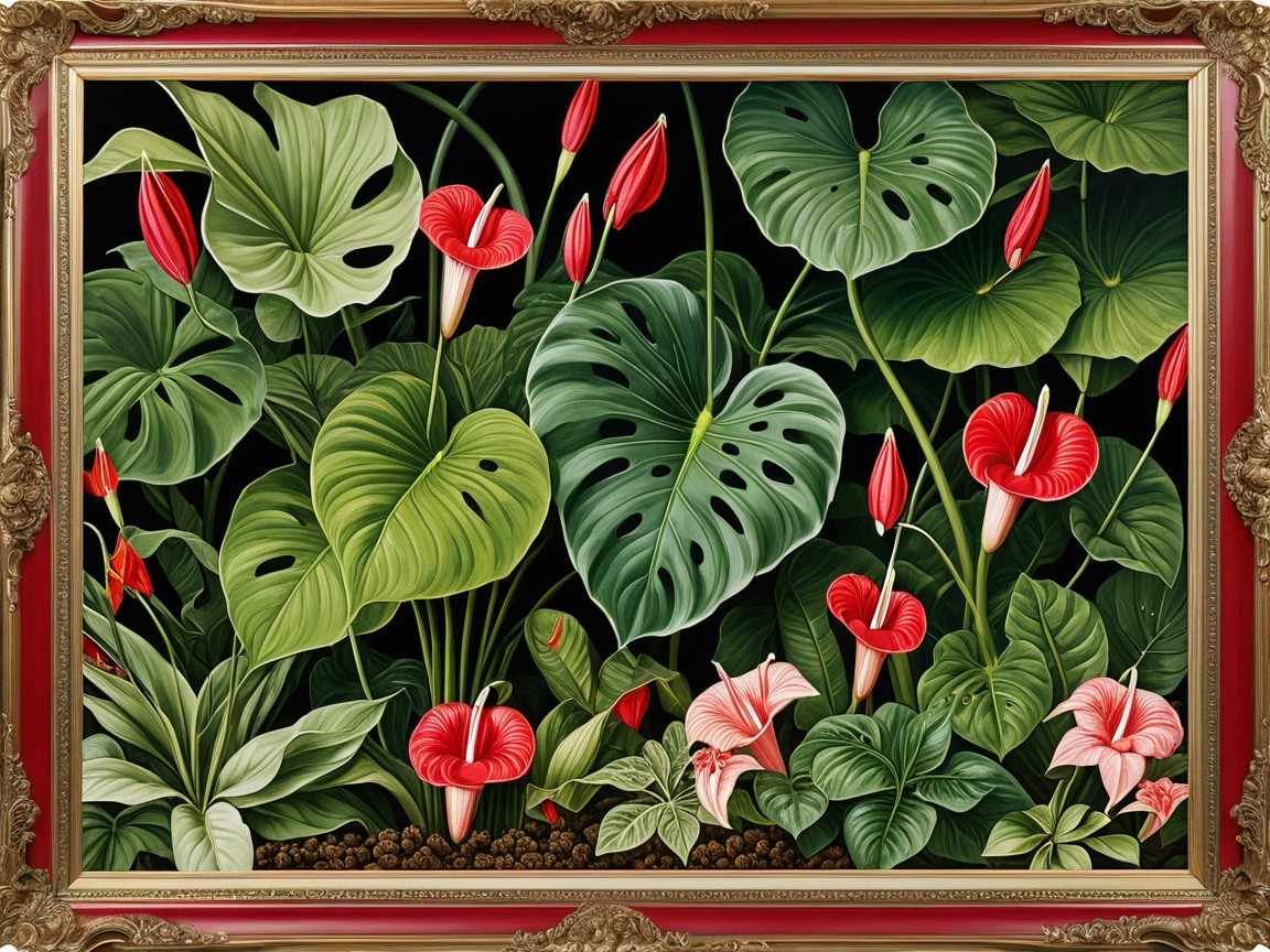 Vibrant Botanical Artwork with Red Anthuriums and Leaves