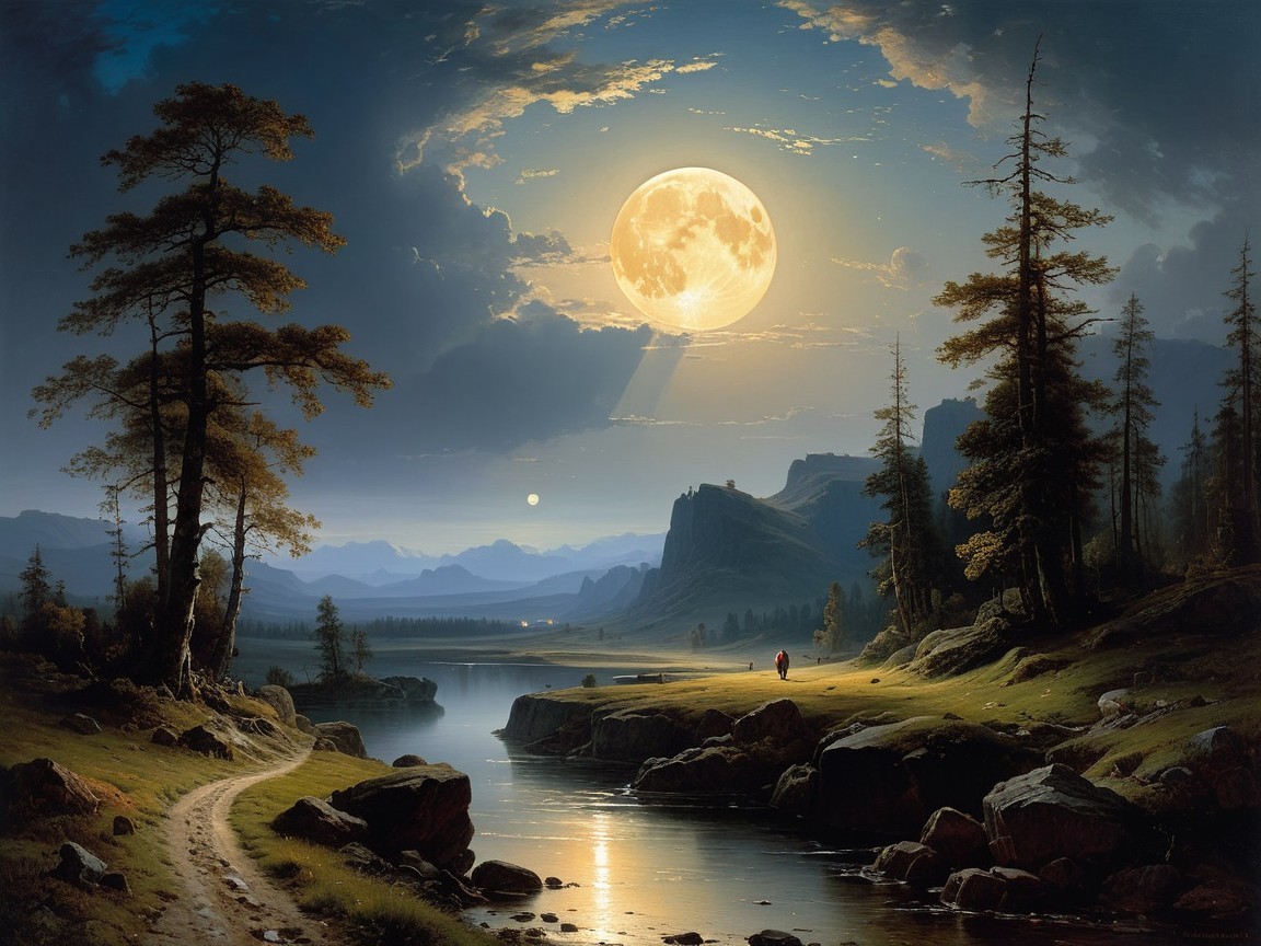 Twilight Landscape with Full Moon and Calm River