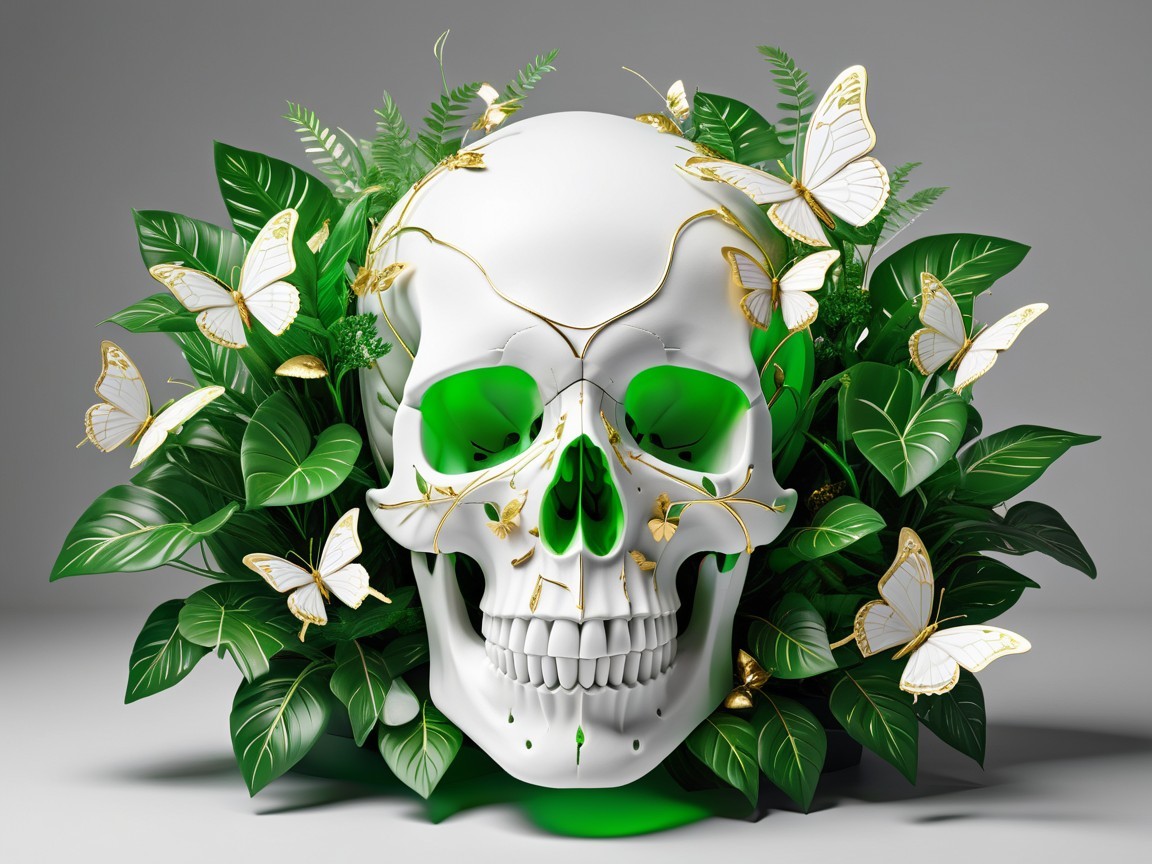 White Skull with Golden Vines and Green Leaves