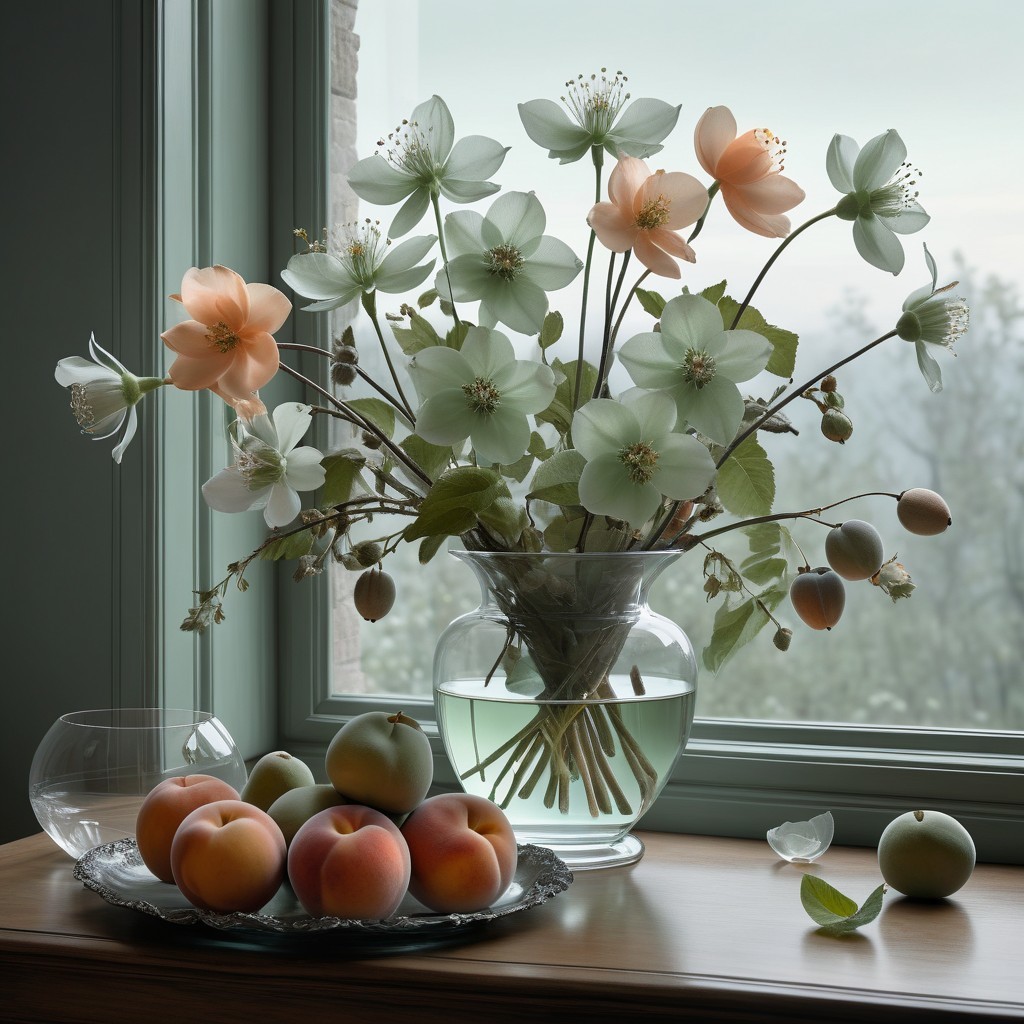 Bouquet of Peach and Green Flowers in Glass Vase