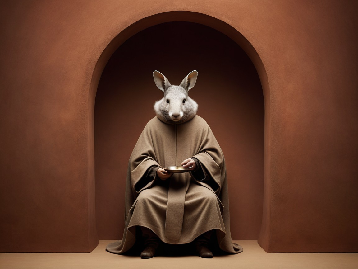 Serene Figure in Earthy Robe with Rabbit Mask