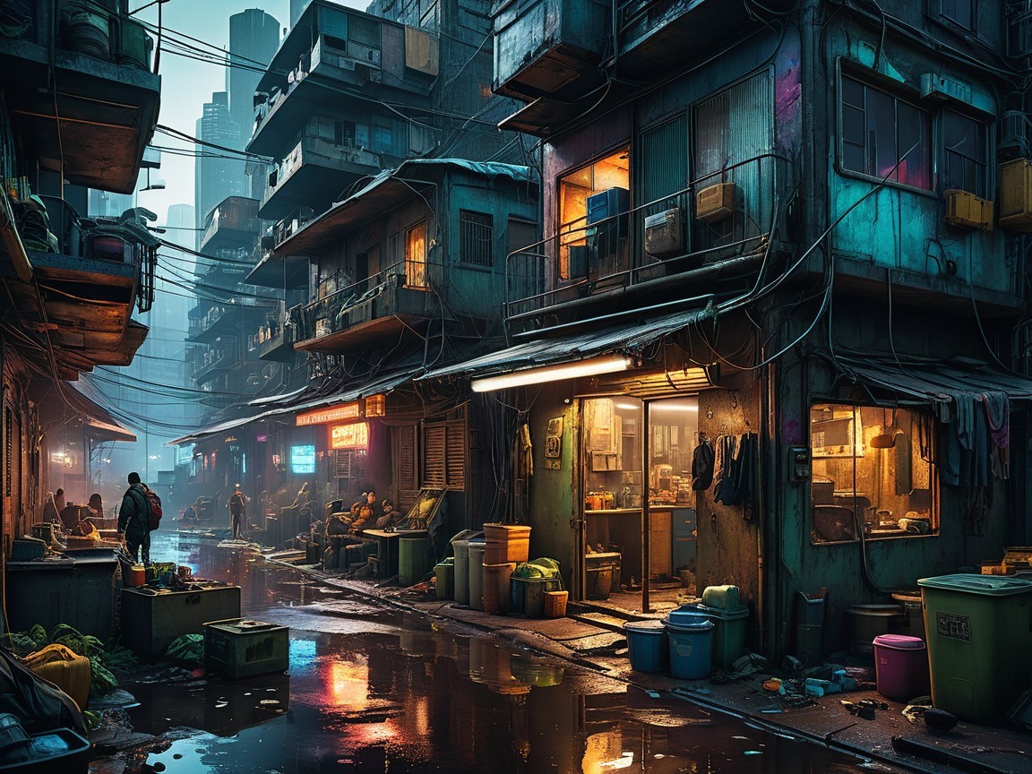 Narrow Dimly Lit Urban Alley with Weathered Buildings