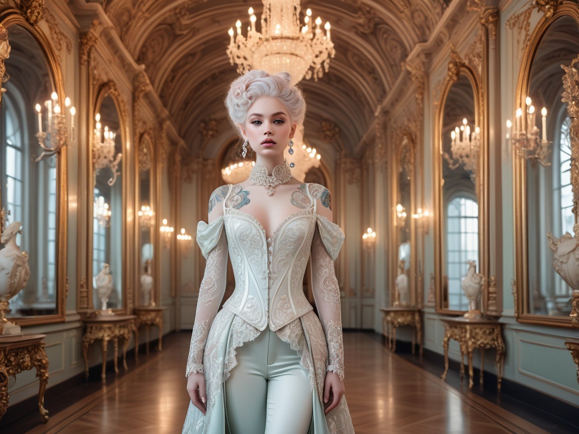 Opulent Hall with Ivory Gown and Chandeliers