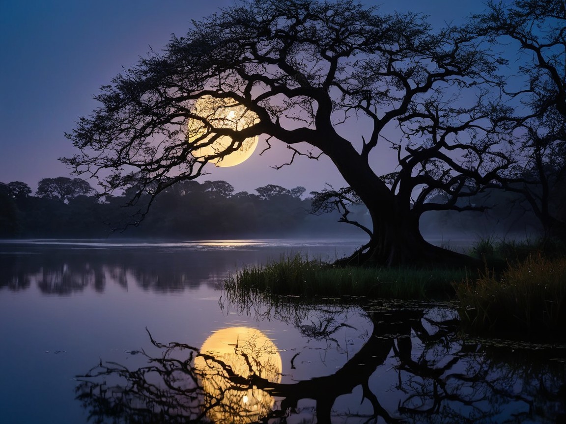 Twilight Scene with Tree and Full Moon Reflection