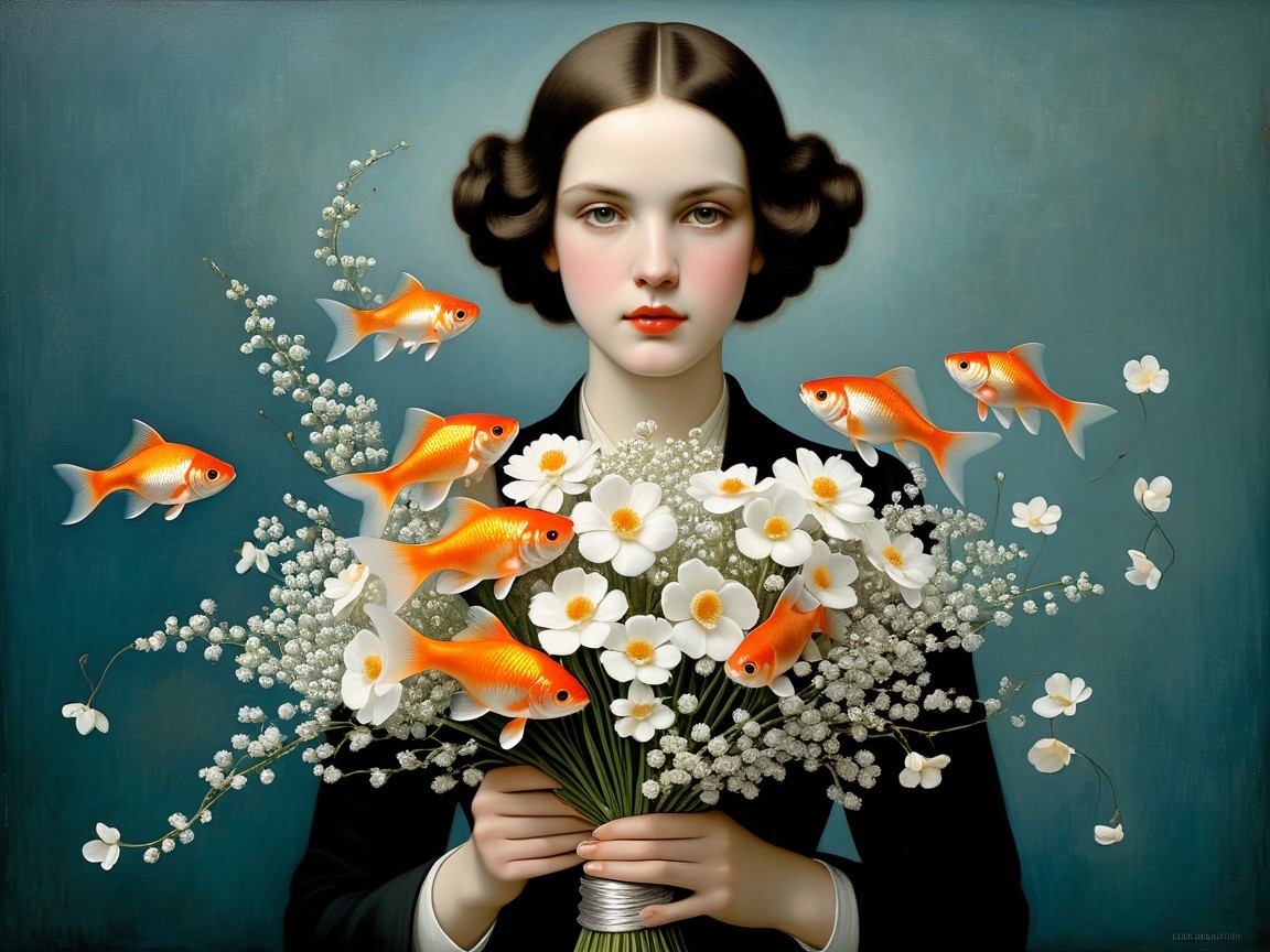Young Woman with White Flowers and Goldfish in Blue