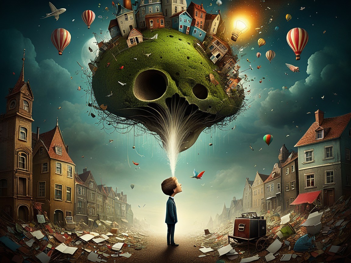 Boy gazing at floating island amidst discarded papers