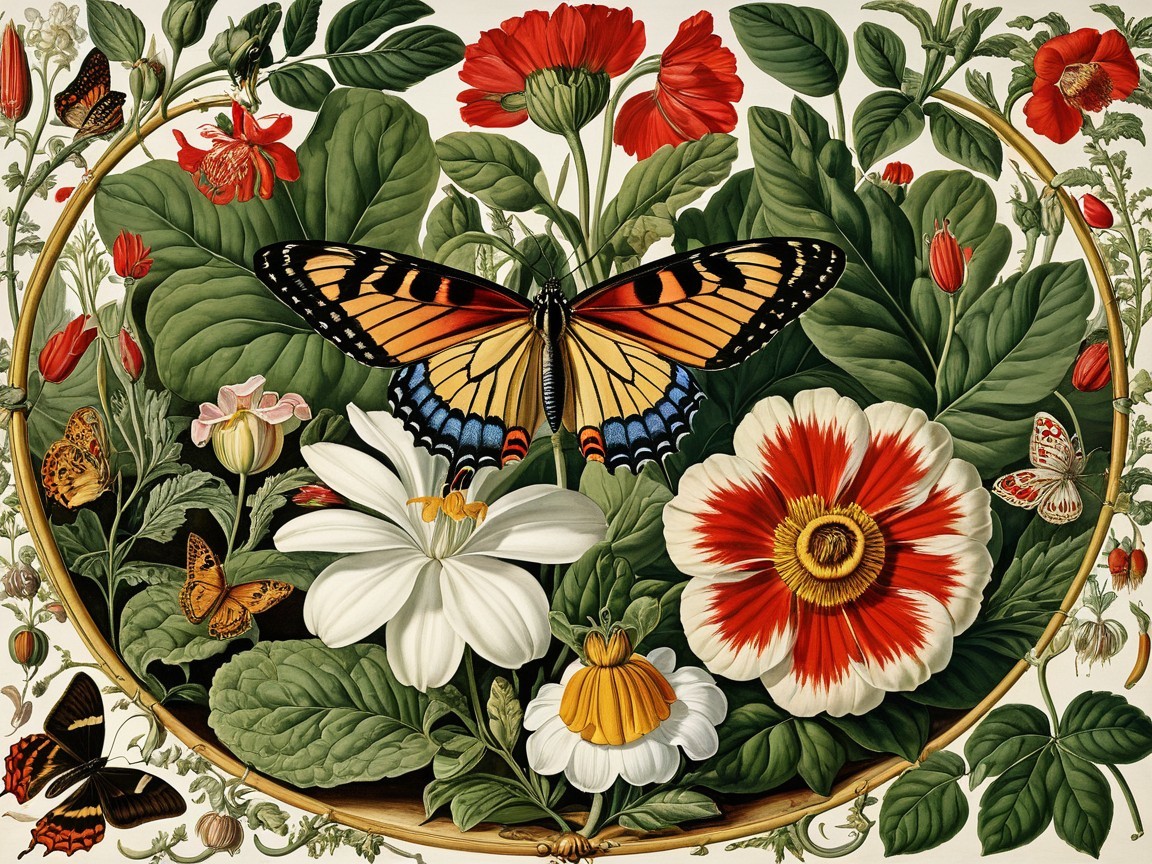 Colorful Floral Arrangement with Butterflies and Leaves
