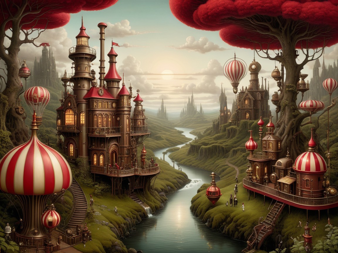 Whimsical Landscape with Castles and Hot Air Balloons