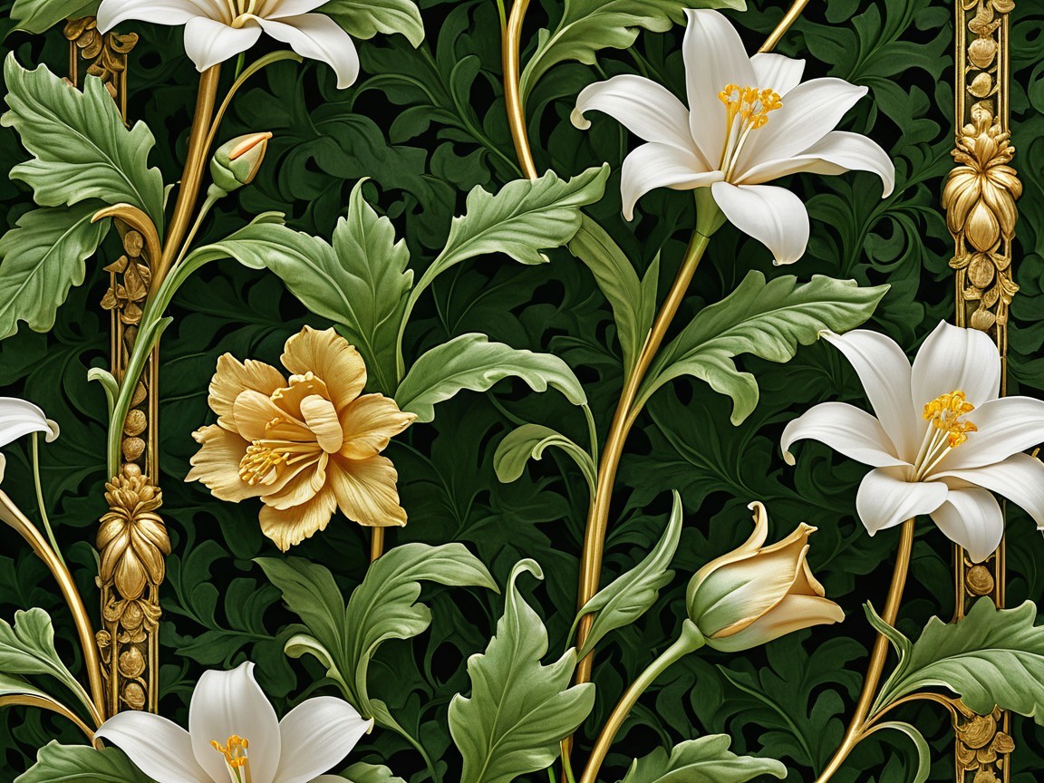Intricate Floral Pattern with White Lilies and Gold