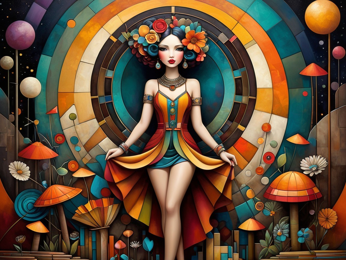 Vibrant Woman Surrounded by Colorful Flowers and Patterns