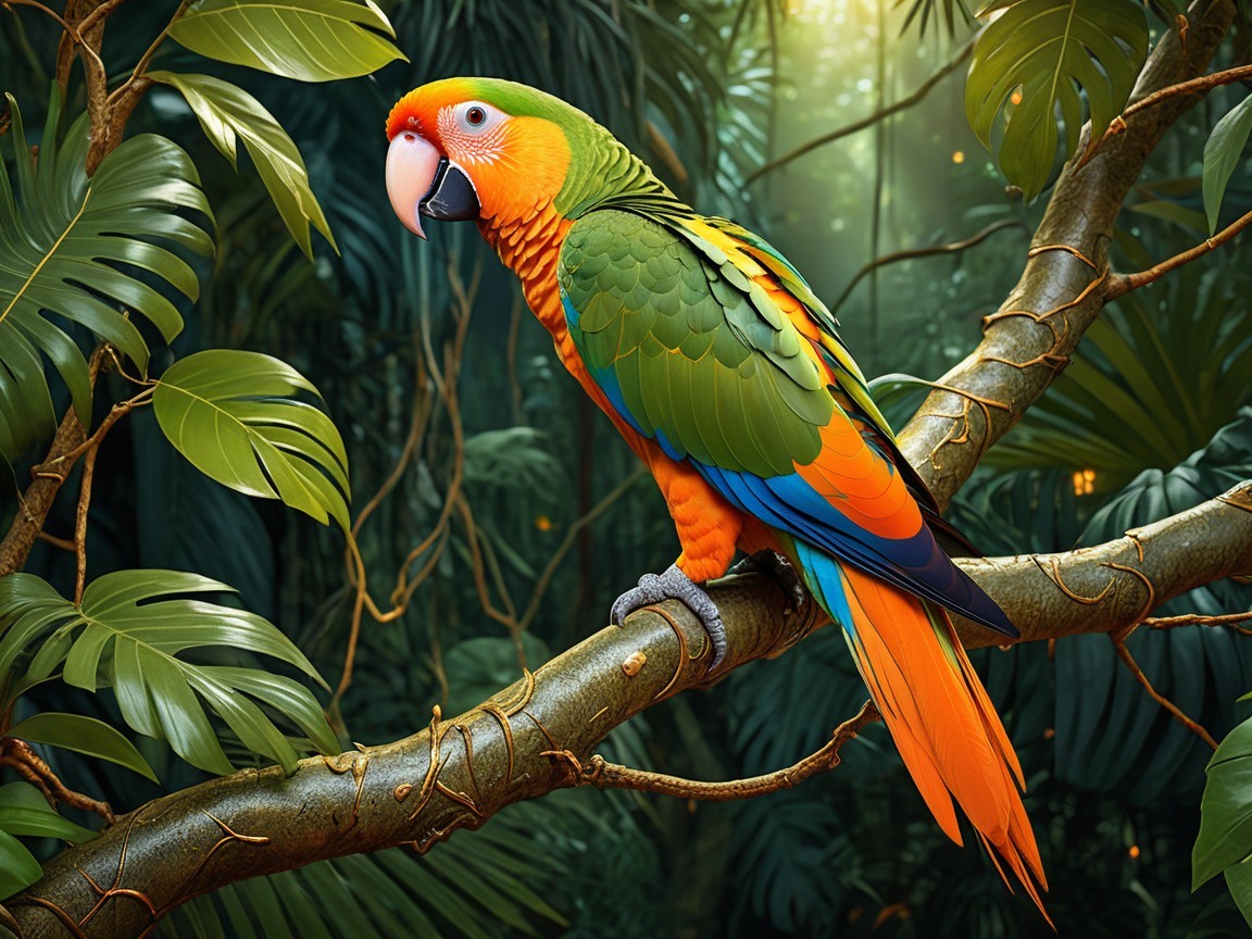 Vibrant Parrot on Twisted Branch in Tropical Jungle