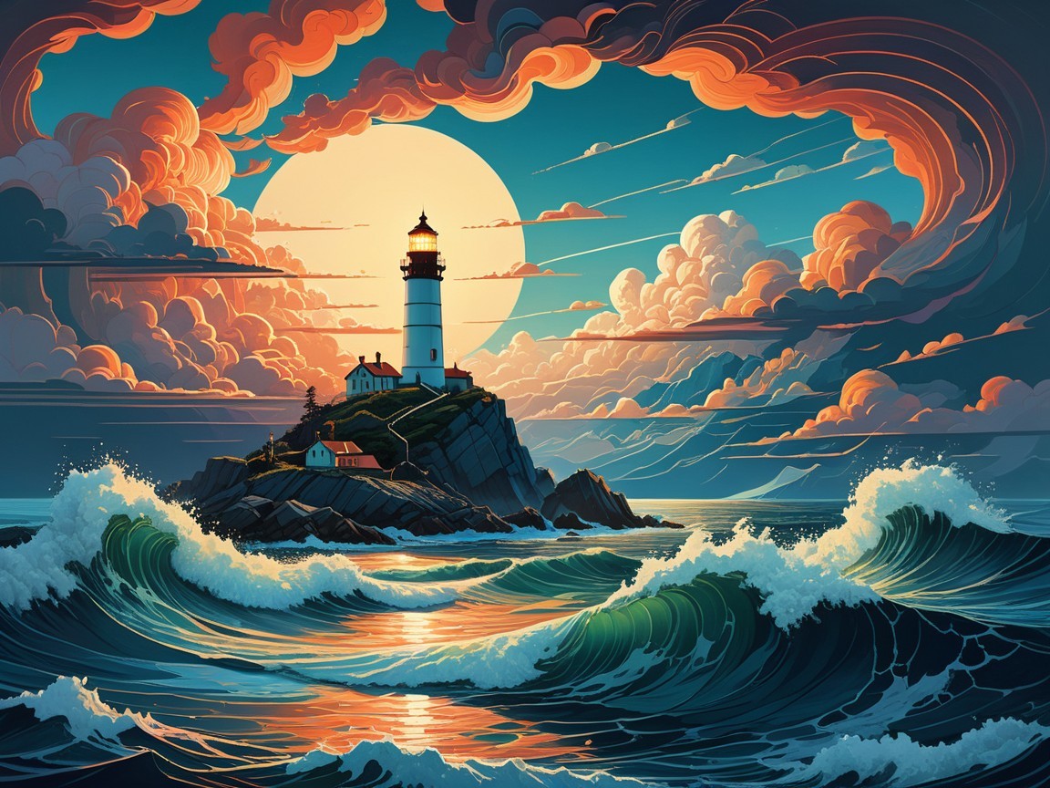 Vibrant Sunset Over Lighthouse on Rocky Cliff