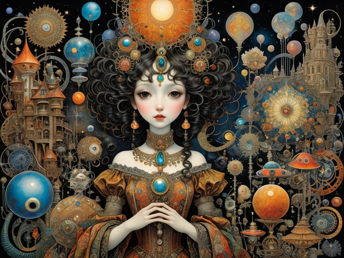 Steampunk Anime Girl in Celestial Clockpunk Scene