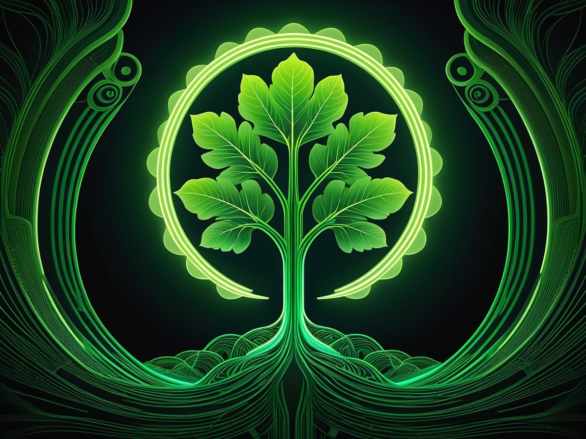 Glowing Green Tree in Circular Motif Design
