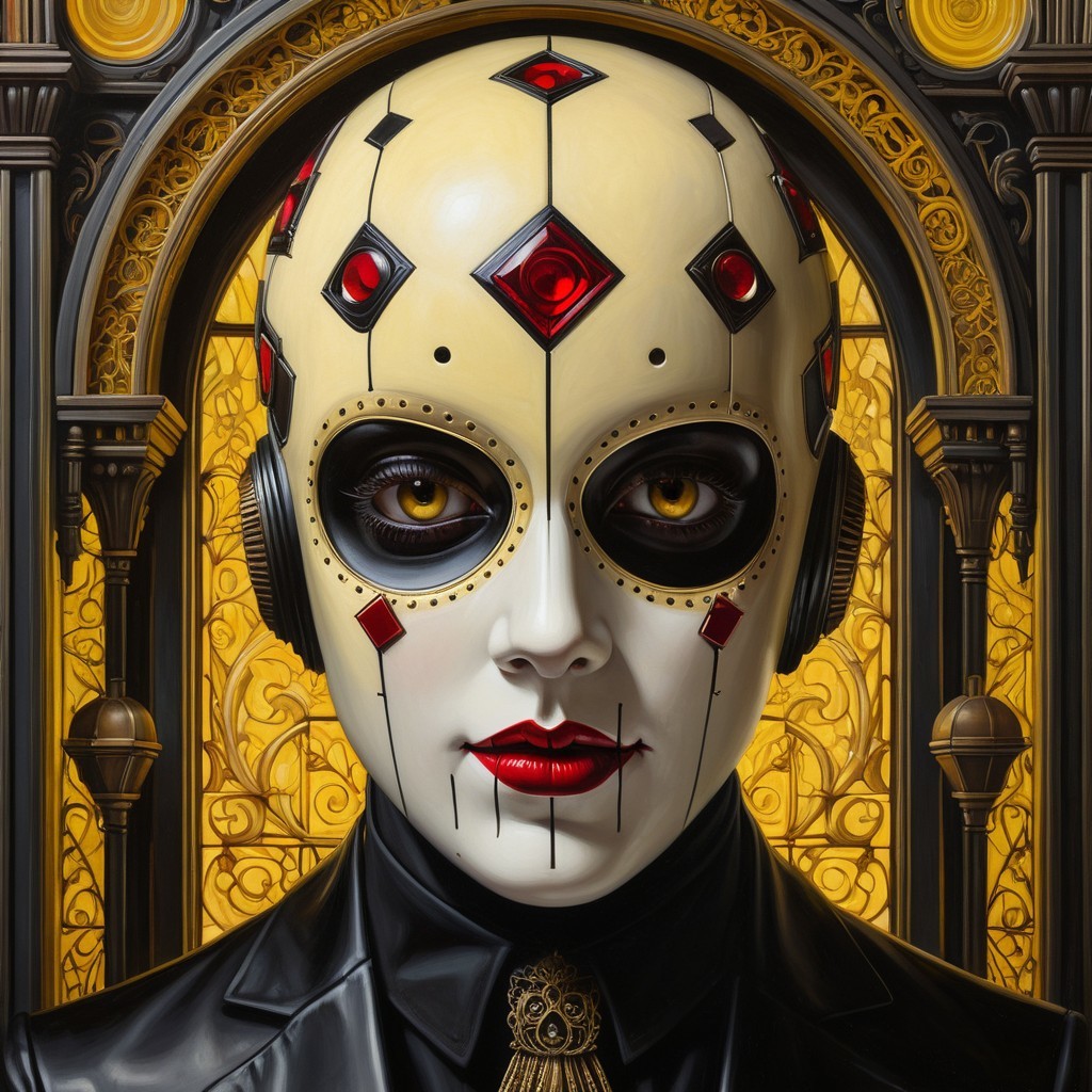 Surreal Figure with Geometric Designs and Elegant Attire