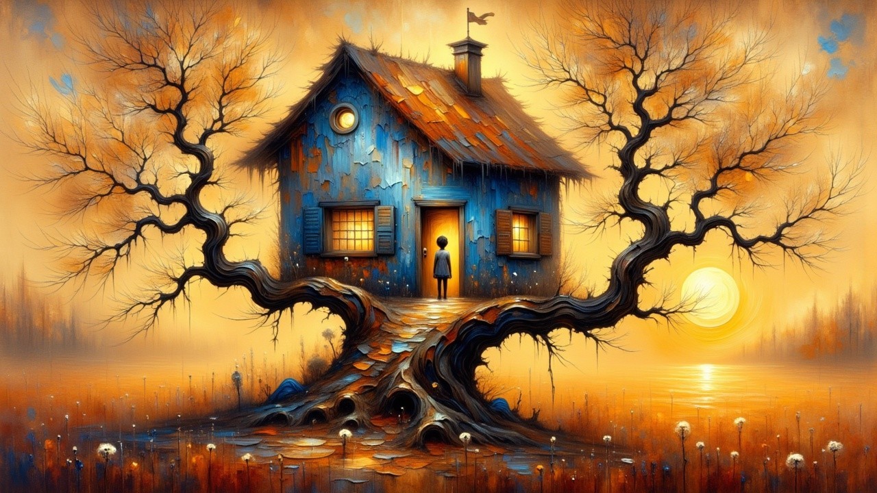 Whimsical House on a Twisted Tree at Sunset