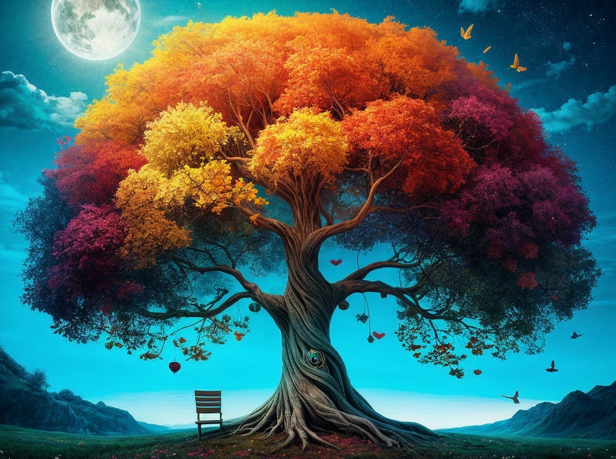 Majestic tree with multicolored leaves in moonlit scene