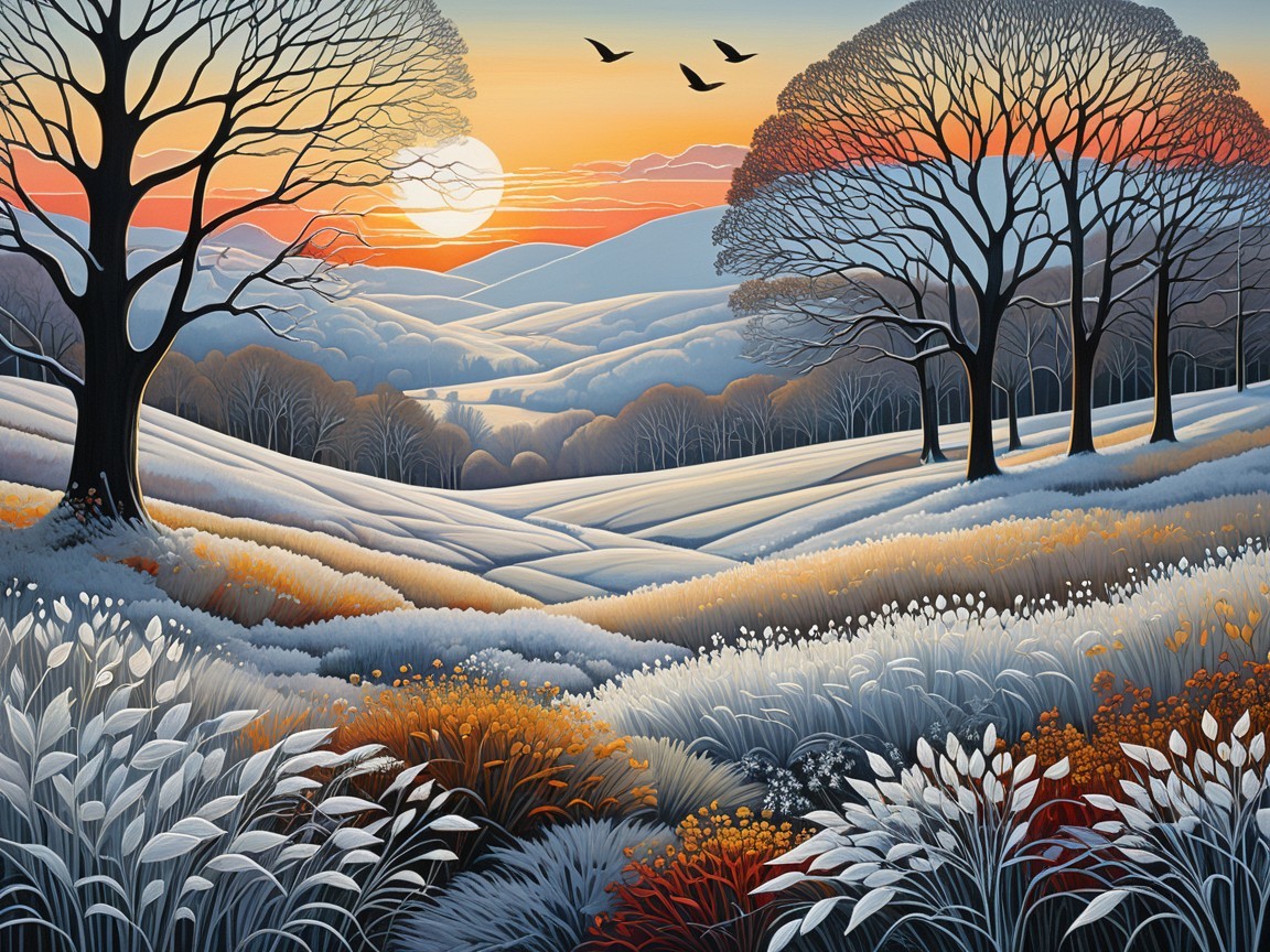 Winter Landscape at Sunset with Snow and Silhouetted Trees