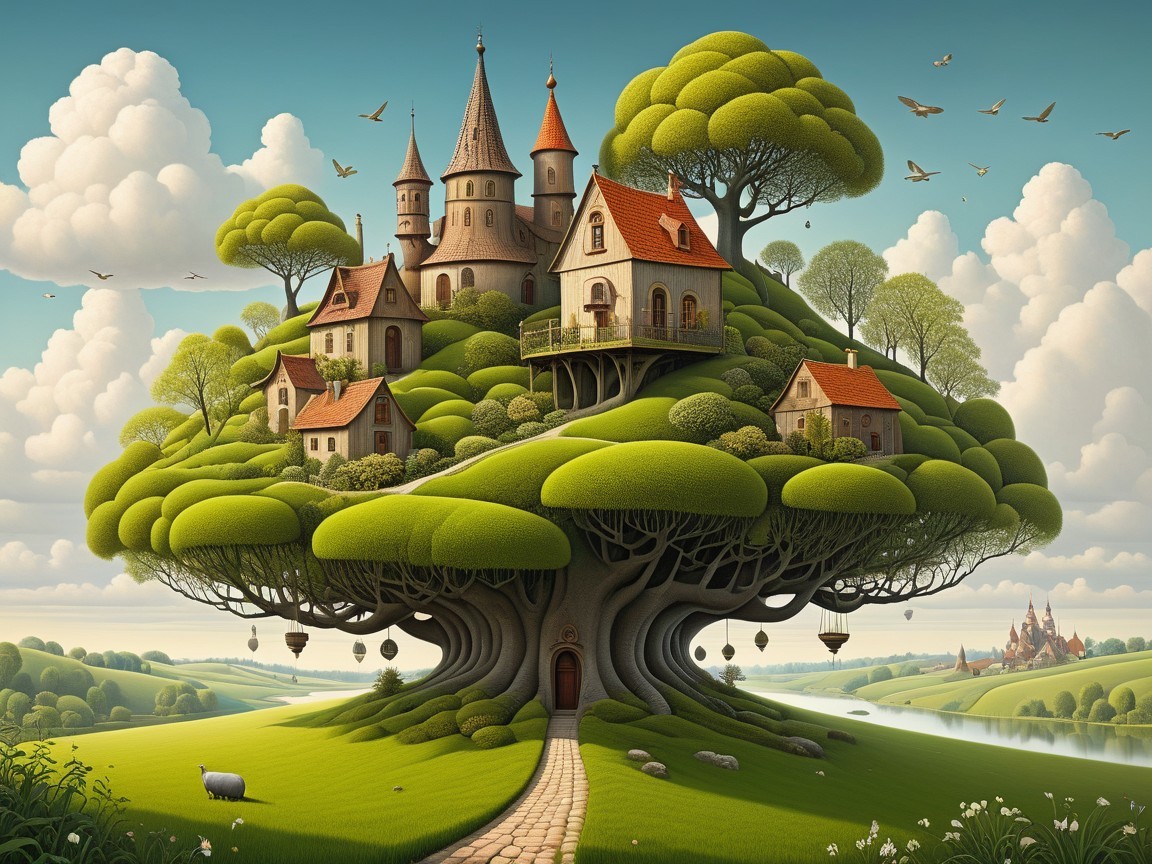 Whimsical Landscape with Tree and Charming Houses