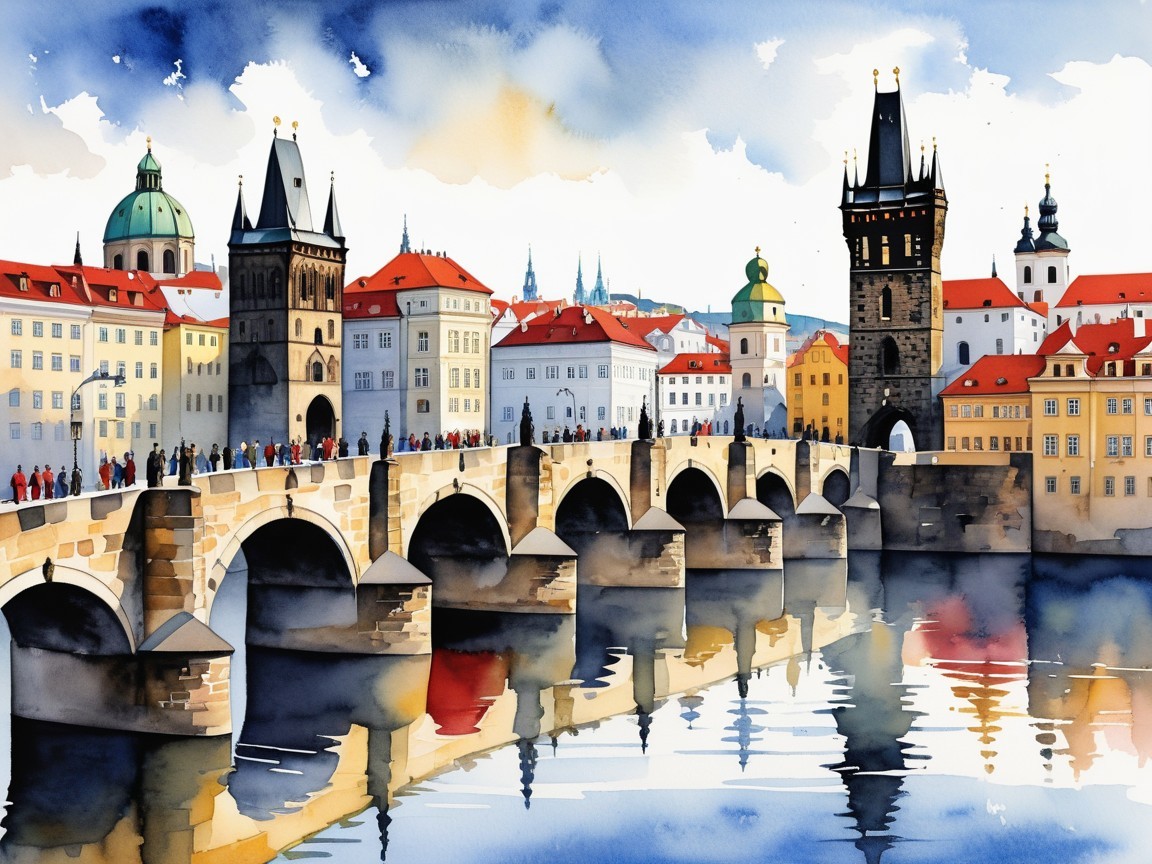 Watercolor of Historic Bridge and Tranquil River Scene