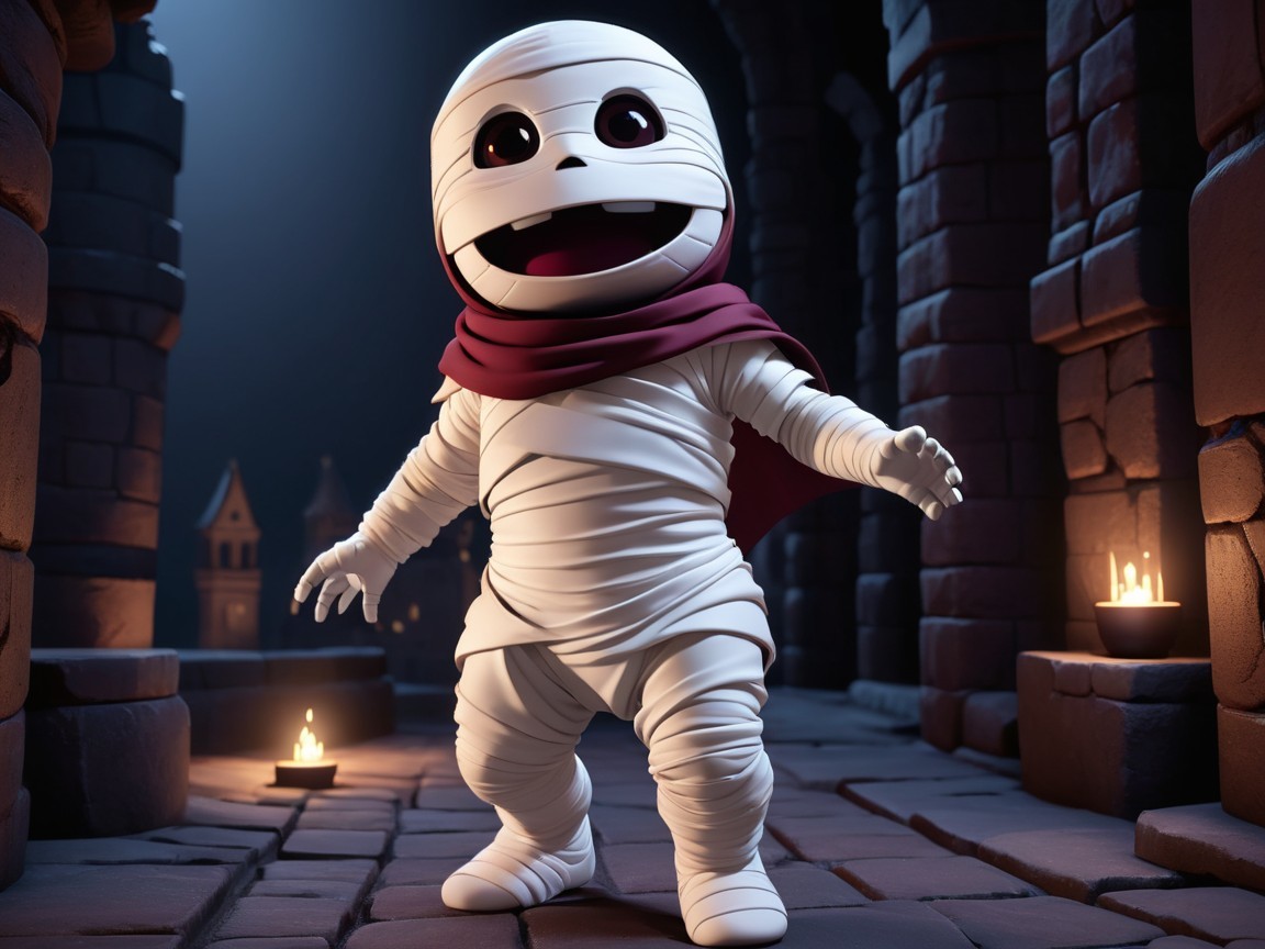 Cartoonish mummy in a dimly lit stone setting
