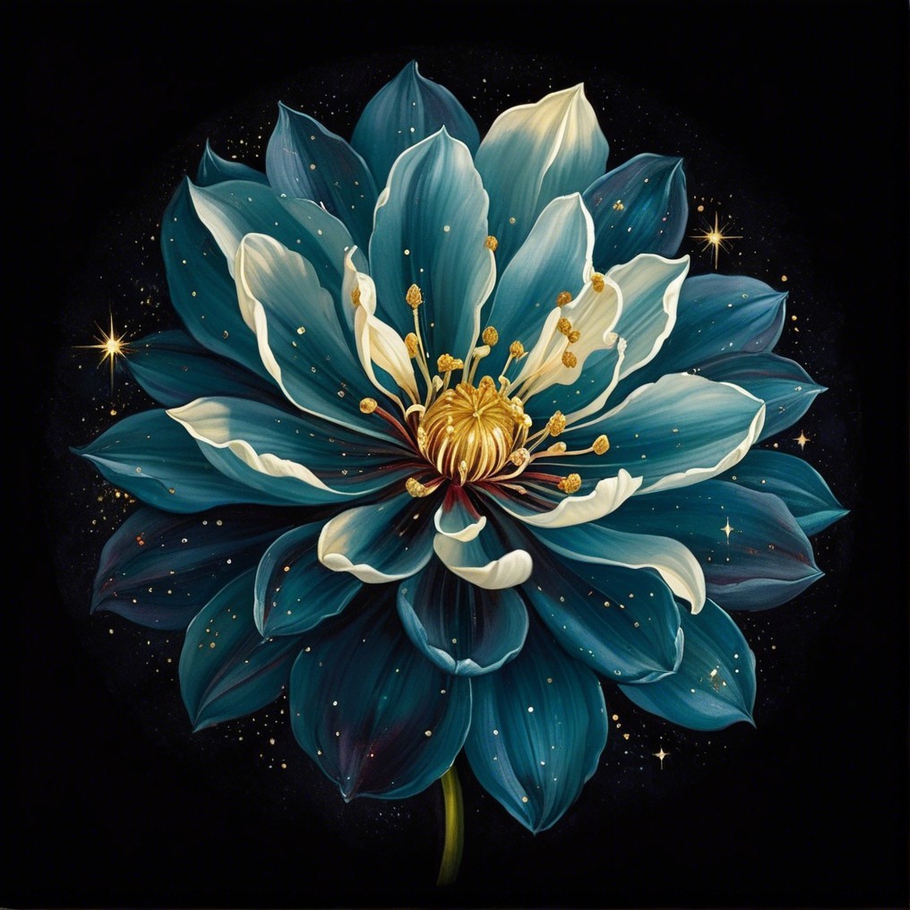 Large blue flower with intricate petals and gold accents