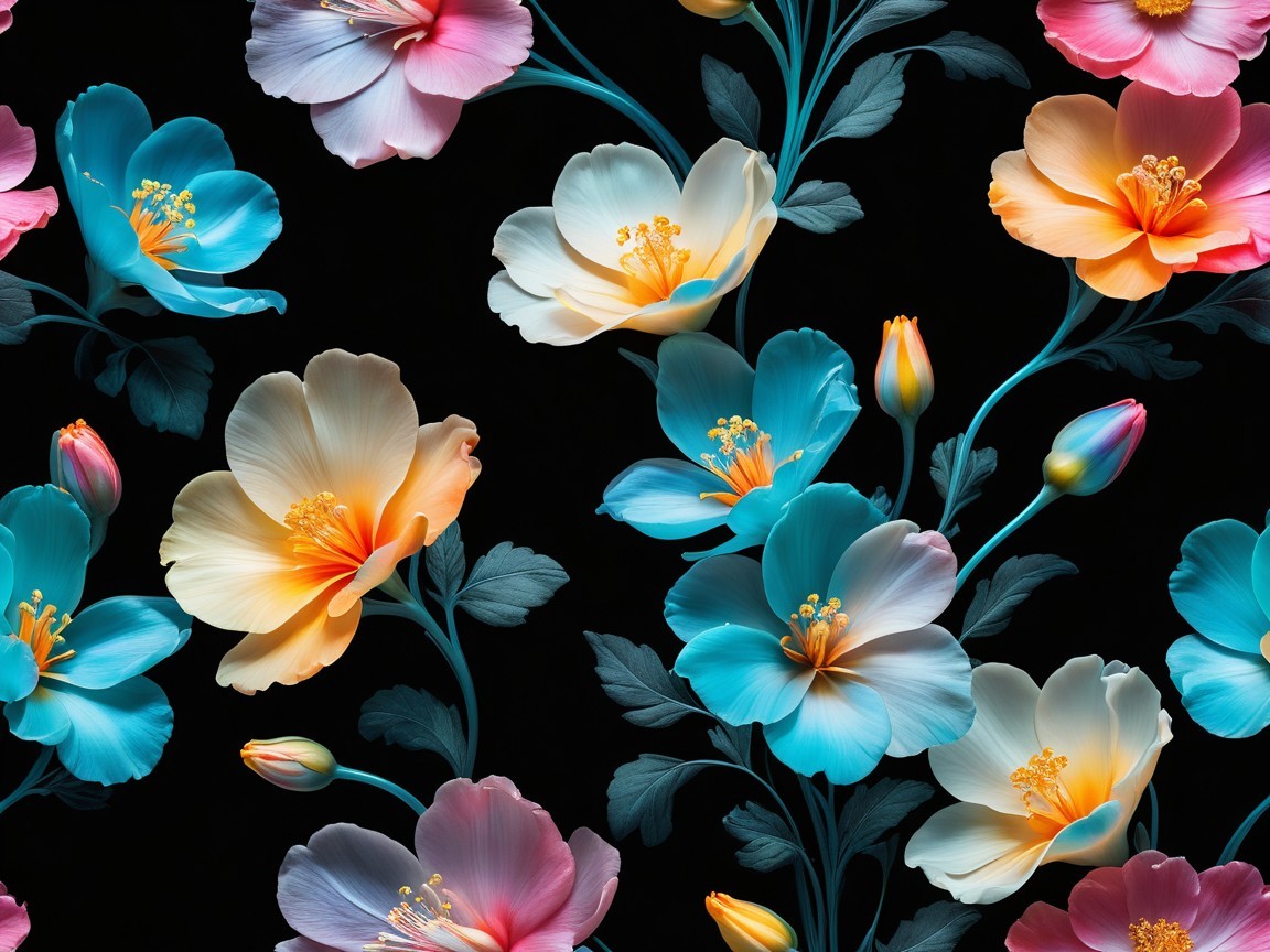 Vivid Floral Pattern with Colorful Blossoms and Leaves