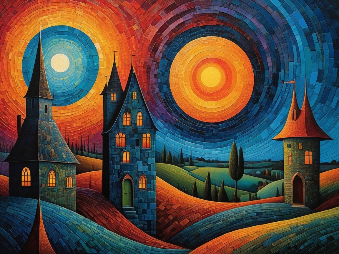 Vibrant Abstract Landscape with Two Large Suns